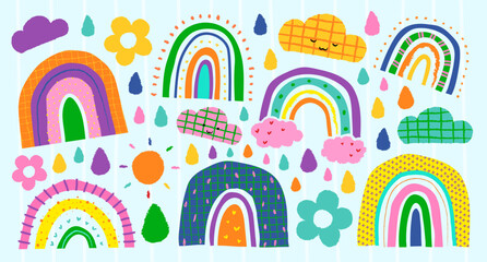 Fototapeta premium Colorful vector of rainbows, clouds, and flowers with playful patterns and textures.