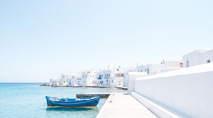 Fototapeta premium Serene Coastal Village, Whitewashed Houses by Calm Sea