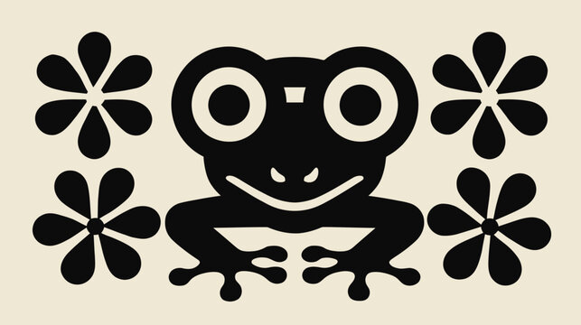 Stylized black frog illustration with flowers on cream background