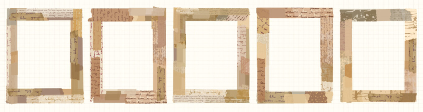 Antique brown vector washi tape scrapbook paper frames with torn edges and hand written unreadable text, Romantic beige masking tape pieces borders with cursive handwriting