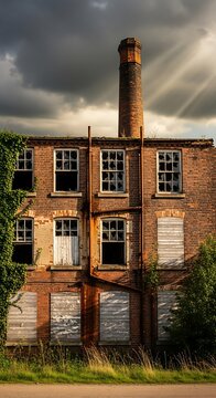 Abandoned Brick Factory Building with Reflection and Stormy Sky.