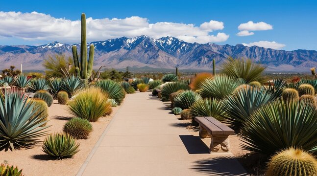 Desert garden with path and bench faces snowy mountains under bright sunny sky. Cacti and succulents thrive in arid landscape. Peaceful nature scene.