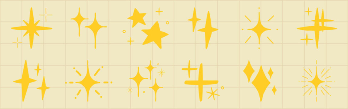 Vector illustration of various yellow star and sparkle shapes on a beige background.