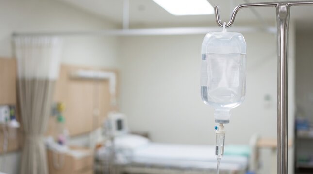 Intravenous IV Drip Solution Bag Hanging On Stand In Defocused Hospital Patient Room