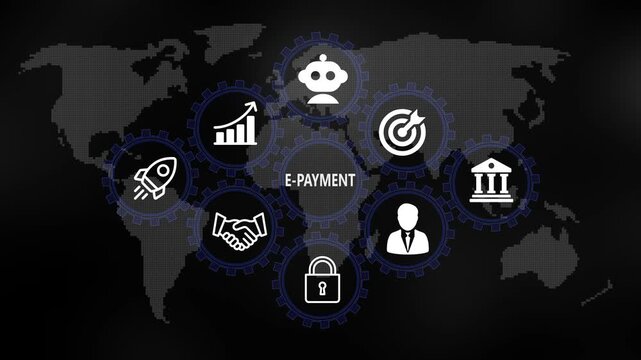 E-Payment for Business and Finance Concept. Rotating gear mechanism process settings icon animation. Technology, Internet and network concept on world background. 4k video