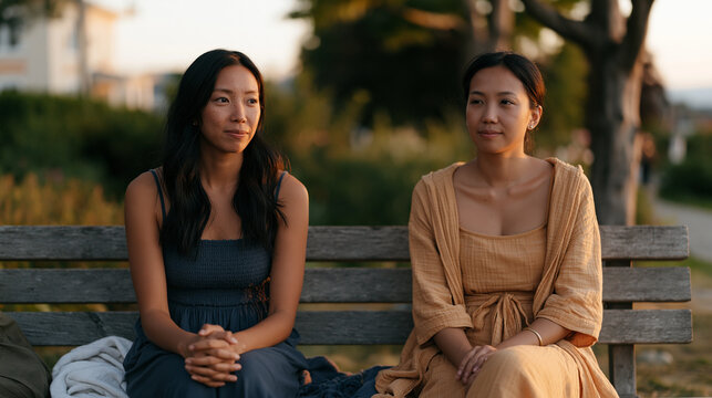 Two Filipino women who were once inseparable sitting on opposite ends of a park bench in silence, golden hour light splitting evenly between them, aftermath of a friendship