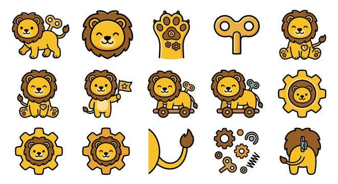 Golden lion icons with mechanical gear elements.