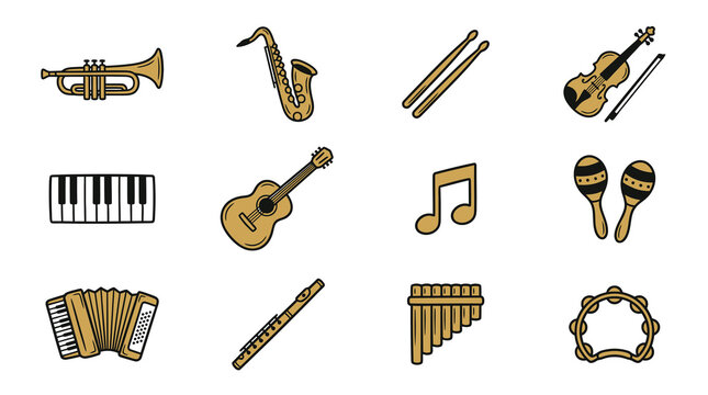 Golden musical instrument icons on white background.
