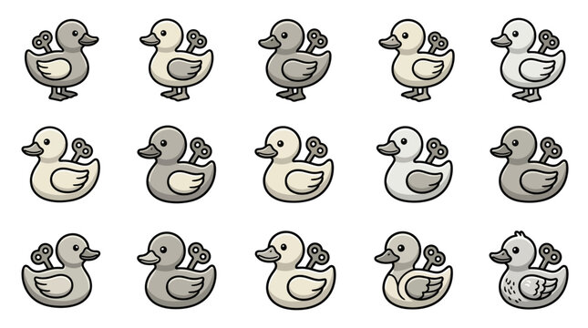 Grayscale clockwork duckling illustrations with mechanical wind-up keys.