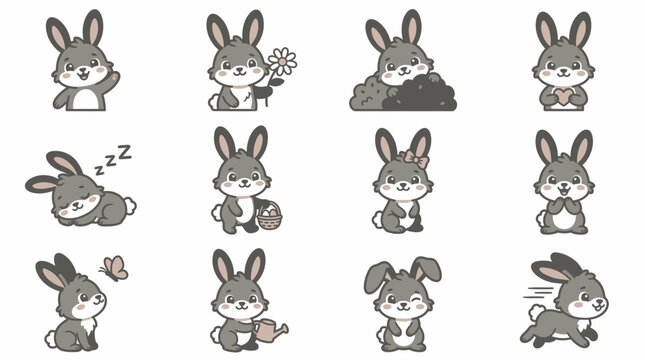 Gray rabbit character stickers performing various activities.