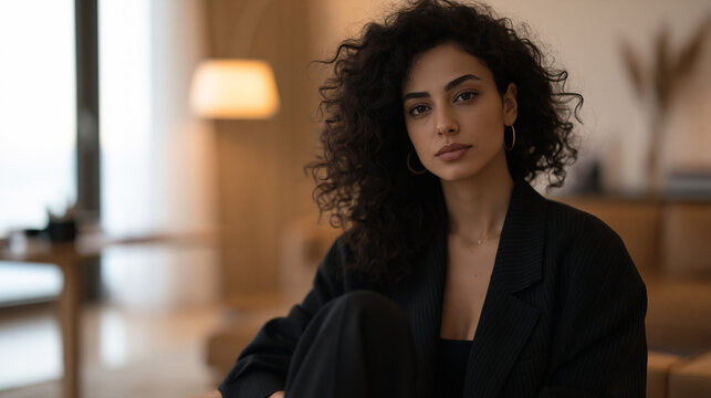 Lebanese empath therapist at the end of her own workday sitting in her empty office before turning off the light, shoes removed, feet flat on the rug, eyes open and still, warm