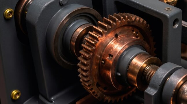 Close up of copper gear mechanism. Metal cogs connect, rotate for automation. Precision engineering for industrial machinery and gate openers.