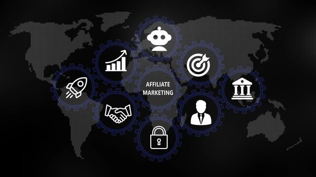 Affiliate marketing for Business and Finance Concept. Rotating gear mechanism process settings icon animation. Technology, Internet and network concept on world background. 4k video