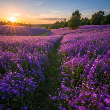Beautiful Lavender Field at Sunset with Pathway and Trees.