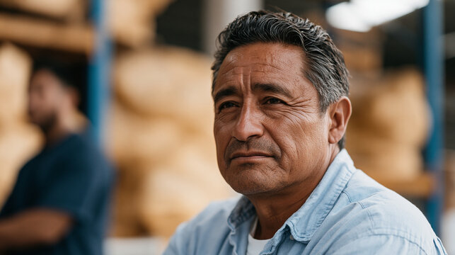 Roma warehouse worker in his fifties handing in his equipment and badge with quiet composure, over-the-shoulder framing showing the supervisor's indifferent posture, job loss with