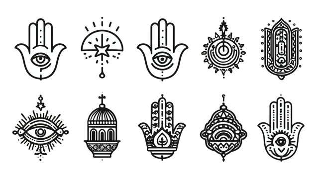 Spiritual hamsa hand and mandala symbol collection.
