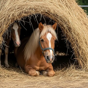 Relaxed Horses Resting Inside a Hay Shelter in the Farmyard.