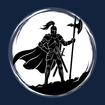 Black knight silhouette holding halberd in circle.