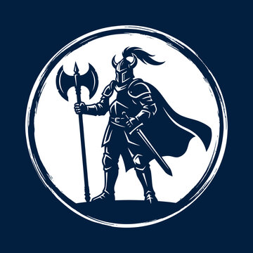 White knight silhouette with double axe in circle.
