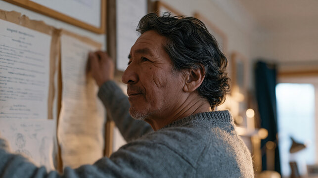 Inuit man carefully adjusts a wall of framed immigration documents in a modest living room, first generation pride visible in the deliberate placement, child's drawing beside the