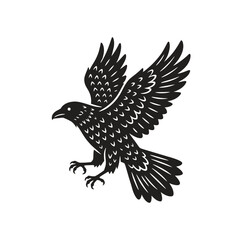 Naklejka premium Black raven flying bird wing logo icon.