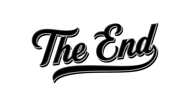 'The End' classic retro baseball script typography, isolated white background