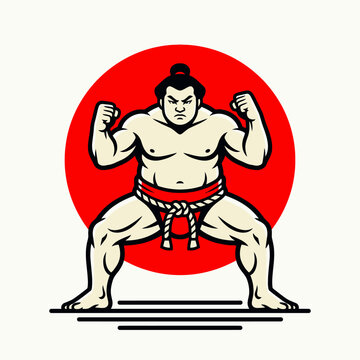 Muscular sumo wrestler in ready stance against red sun.