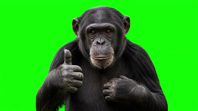 Realistic 3D chimpanzee giving thumbs up gesture with subtle smile, isolated on chroma key green screen background. Real animal character. Photorealistic.