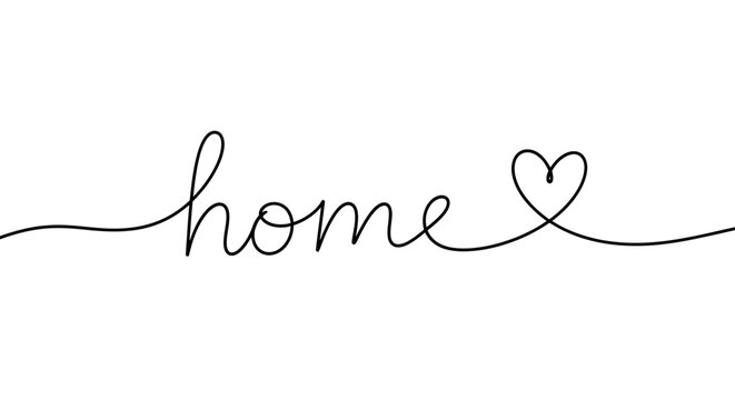 Delicate Thin Line "home" Handwritten Script Text with Heart Connection, isolated white background