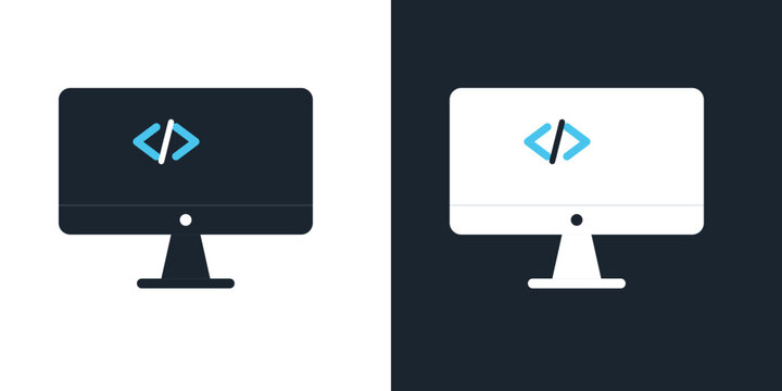 Desktop computer monitor with programming code brackets icon for web development software engineering tech layout vector set