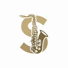 Naklejka premium Gold saxophone and letter S monogram musical logo.