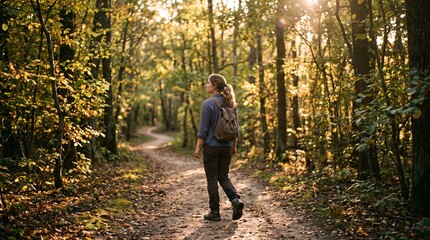 Fototapeta premium Woman hiking on a winding forest path bathed in golden sunlight during autumn