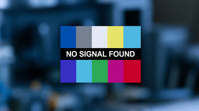 Television test pattern with 'No Signal Found' message on a blurry blue background, symbolizing lost connection or technical difficulties