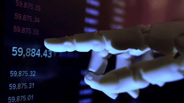 AI economic analysis metaphor with robotic hand tracking financial data on screen close up. Cyborg arm monitoring market forecasting metrics, dark mood office, cinematic shallow DOF, dim light.