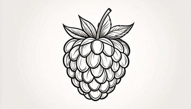 Vertical hand-drawn raspberry fruit with leaves.