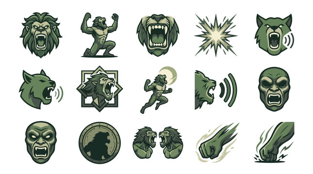 Green beast and monster head icon set.