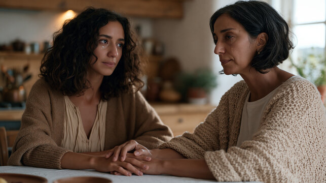 Iranian mother and adult daughter sit across from each other at a modest dining table, hands touching, both with wet eyes, a long silence being broken, apology and forgiveness