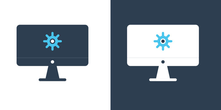 Computer desktop display with settings gear wheel icon for technical support configuration system optimization vector set