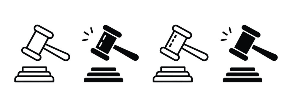 Judge gavel icon set, filled and outline auction hammer symbols, justice court law and legal authority icons for professional design.