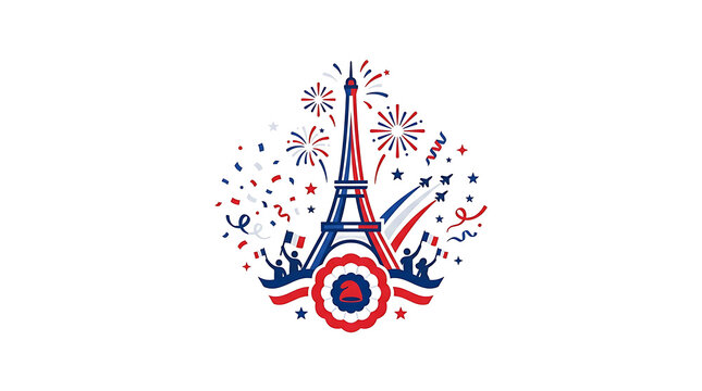 France Bastille Day emblem with Eiffel Tower fireworks and military jet flyover vector illustration