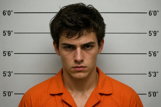 Young man in orange jumpsuit stands sternly. Height markers frame his serious, unblinking gaze. His dark hair falls across his forehead. Mugshot style conveys authority and confinement