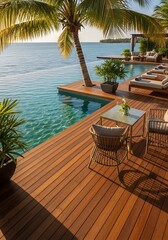 Fototapeta premium Luxurious Poolside Deck with Palm Trees and Ocean View.