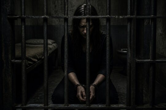 Woman sits behind prison bars, head bowed. Dark room, barred window, minimal bedding. Hands cuffed, eyes downcast, face tense. Emotion heavy, silence oppressive, despair palpable
