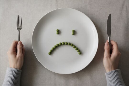Hands hold fork and knife beside empty plate. Green peas form sad face on white plate. Simple meal suggests hunger or dissatisfaction. Implies restriction, diet, or emotional unease
