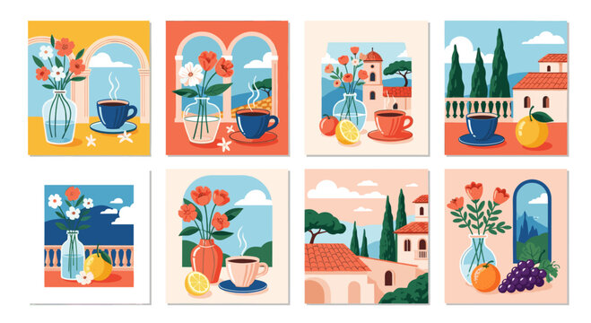 Collection of Mediterranean style summer landscape illustrations with coffee cup, flower bouquet and fruit. Travel vacation scenery concept. Vector illustration for greeting card