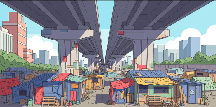 Slum under highway bridge with makeshift huts and houses in city. Poverty and urban homeless shelter housing crisis concept. Cartoon style flat vector illustration design