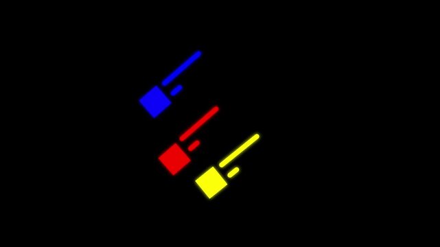 An animated composition featuring three colorful diagonal pencil or stylus icons in blue red and yellow crossed over each other on a dark background