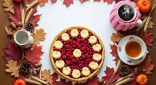 Festive Raspberry and Vanilla Cream Cake with Autumn Decorations.