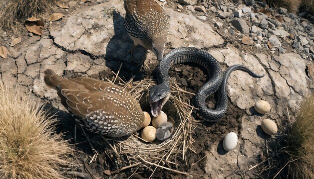 Grey Francolin Protecting Nest Eggs from Cobra Snake Attack Dramatic Wildlife Predator Prey Scene Nature Photography