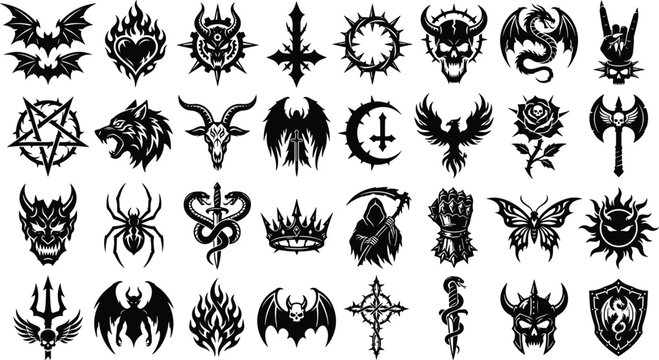 Dark Gothic Symbol Icon Set with Demon, Skull, Bat, Dragon, and Occult Signs for Tattoo and Horror Designs